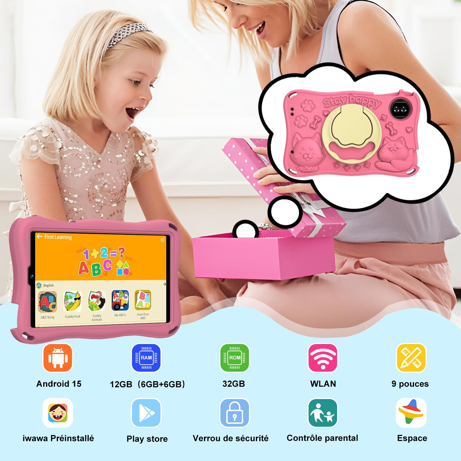 Tablet 9 Pollici Android 15 con Gemini AI, 32GB ROM + Espandibile 2TB, Octa-Core, Widevine L1, WiFi 5G,1340 x 800, BT5.0, Fotocamere 8MP/5MP, 5000mAh, Tablet con controllo parentale – Rosa