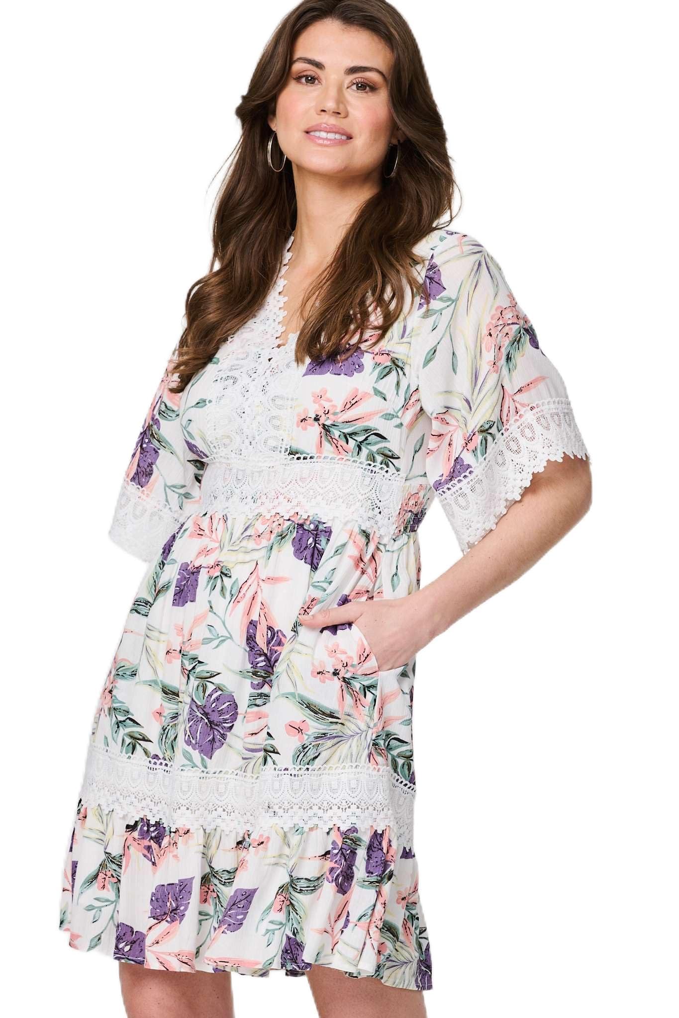 Izabel London Women's White Leaf Print Lace Trim Short Dress In Size 12