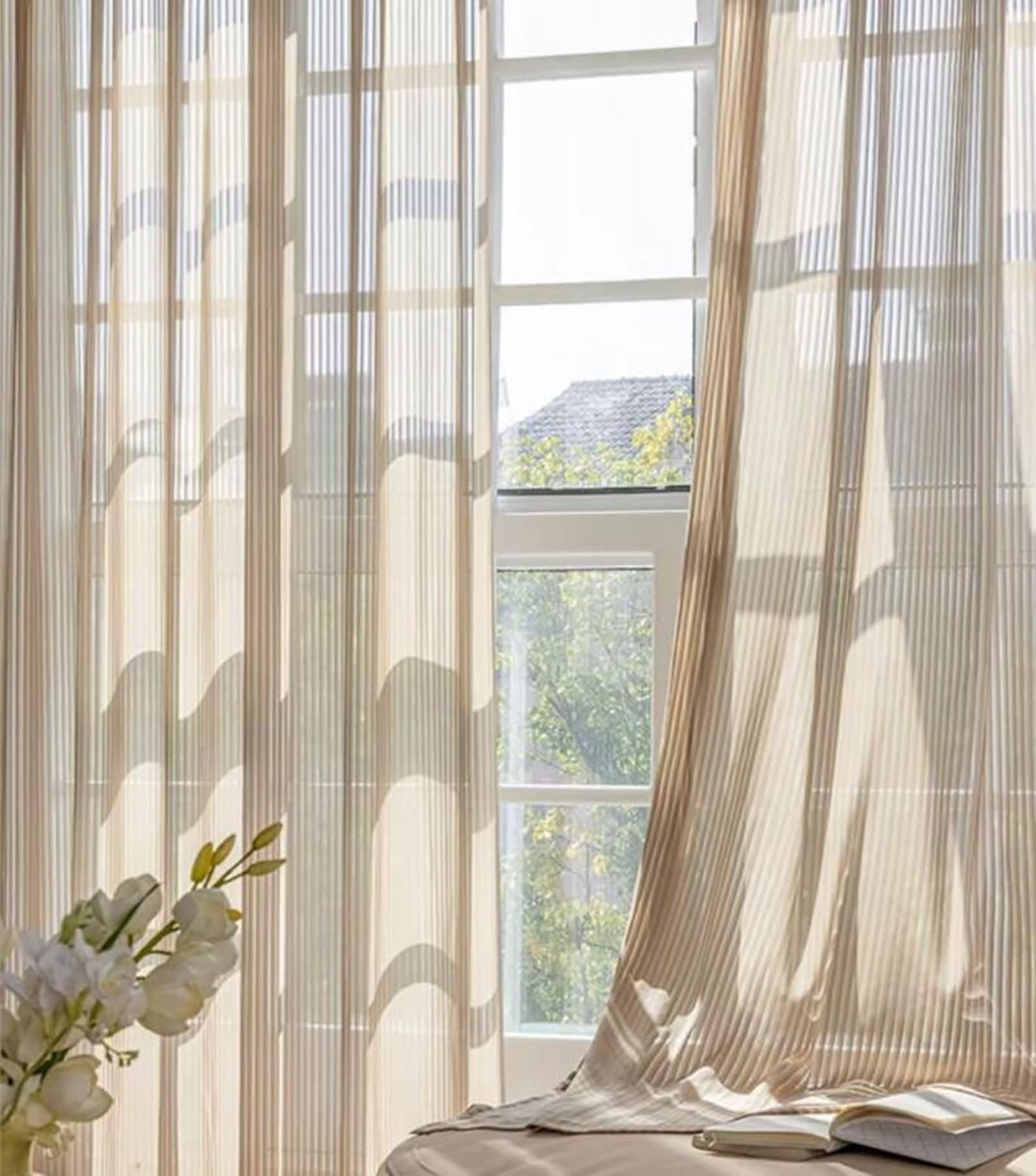 Daesar Vorhänge Khaki 2er Set, Vorhänge Haken Halbtransparent Einfarbig mit Gestreift Motiv 102x183CM Gardinen und Vorhänge für Schlafzimmer Wohnzimmer Esszimmer Küche