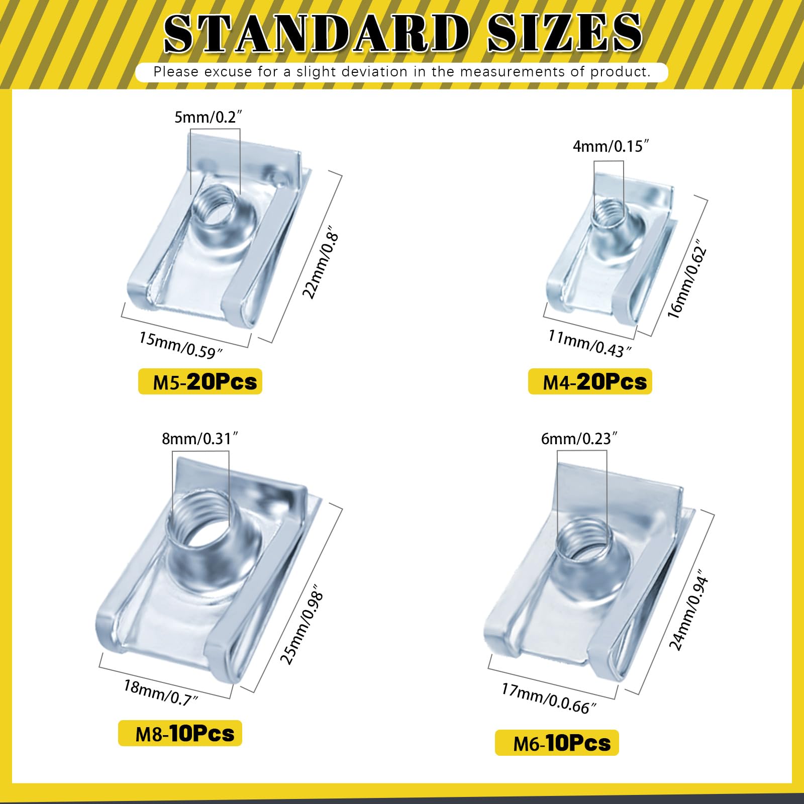 60 dadi in lamiera M4 M5 M6 M8, set di dadi filettati a forma di U, dadi a scatto per cruscotto, rivestimento interno in acciaio al carbonio zincato
