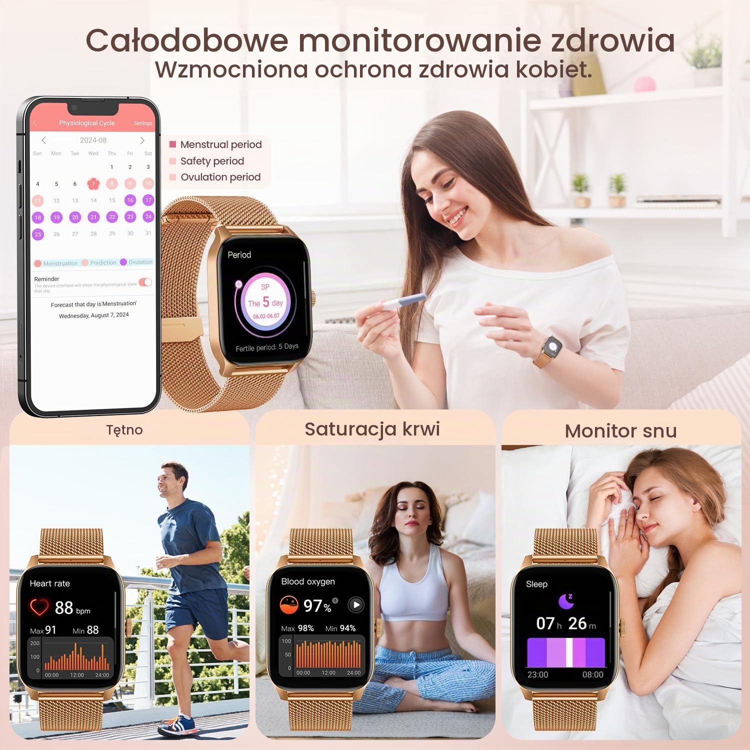 Inteligentny zegarek dla kobiet Fitness Tracker: 1,8-calowy ekran dotykowy Bluetooth odbieranie połączeń smartwatch 100+ aktywność sportowa licznik kroków tętno ciśnienie krwi monitor snu tlenu IP67