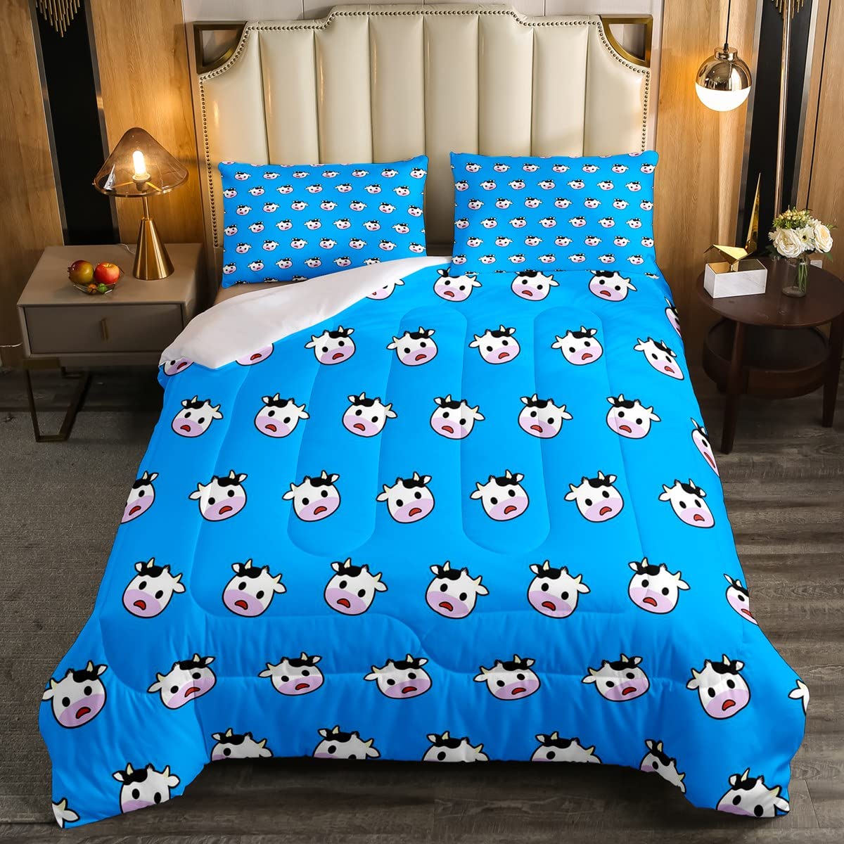 Cow Duvet Set Milk Cow Head Bedding Set for Kids Boys Girls Cartoon Animal Black-White Blue 3Pcs Double