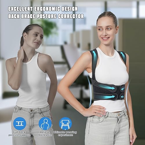 Miniatura 7 de Corrector de postura de espalda para mujeres y hombres, negro, soporte ajustable con almohadilla lumbar extraíble, enderezador de hombros y espalda