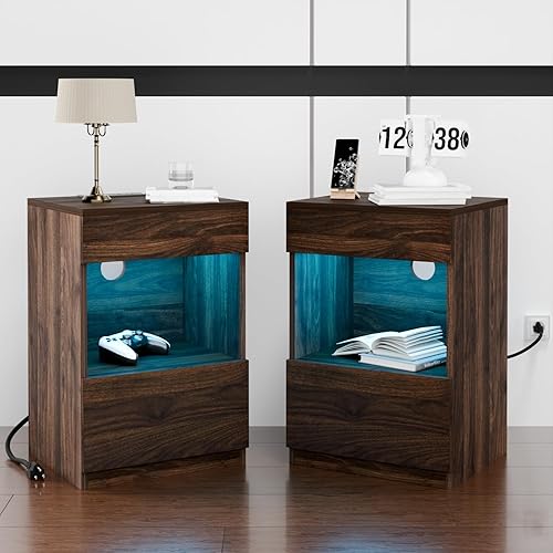 Miniatura 12 de HOMMPA Mesita de noche LED con estante abierto con estación de carga, 2 cajones, mesita de noche negra con almacenamiento, mesitas de noche Negro