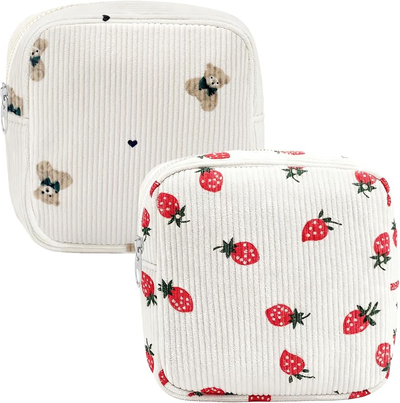 Lestp Necessaire de Maquiagem em Veludo Cotelê com Zíper, Estampas de Urso e Morango, Pacote com 2
