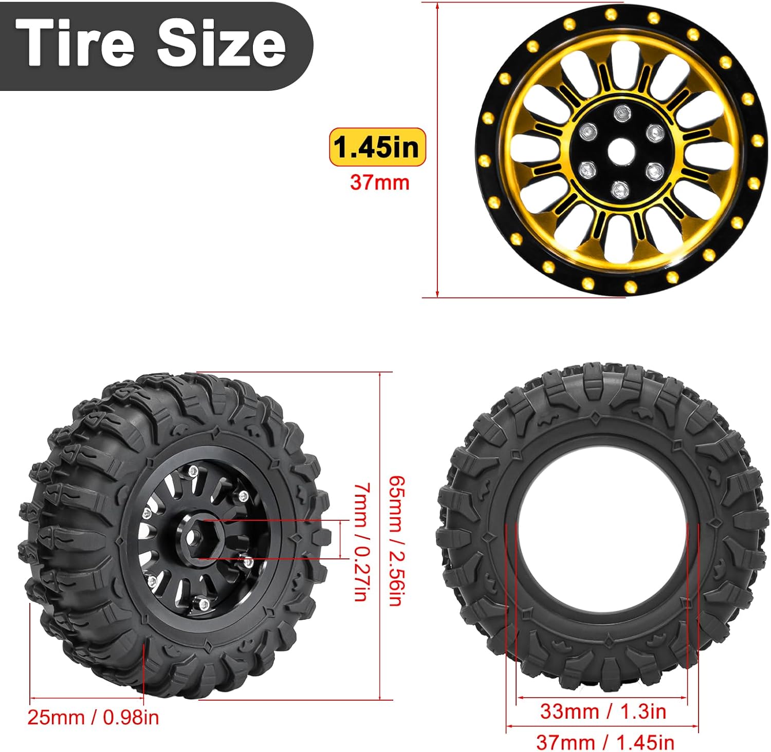 LRFHL 1.3" Beadlock Wheel Tires Aluminum 1.3 Beadlock Wheels and Tires Upgraded 1.45-inch Wheel for 1/24 SCX24 1/18 TRX4M RC Crawler Car Upgrade (4PCS, Gold)