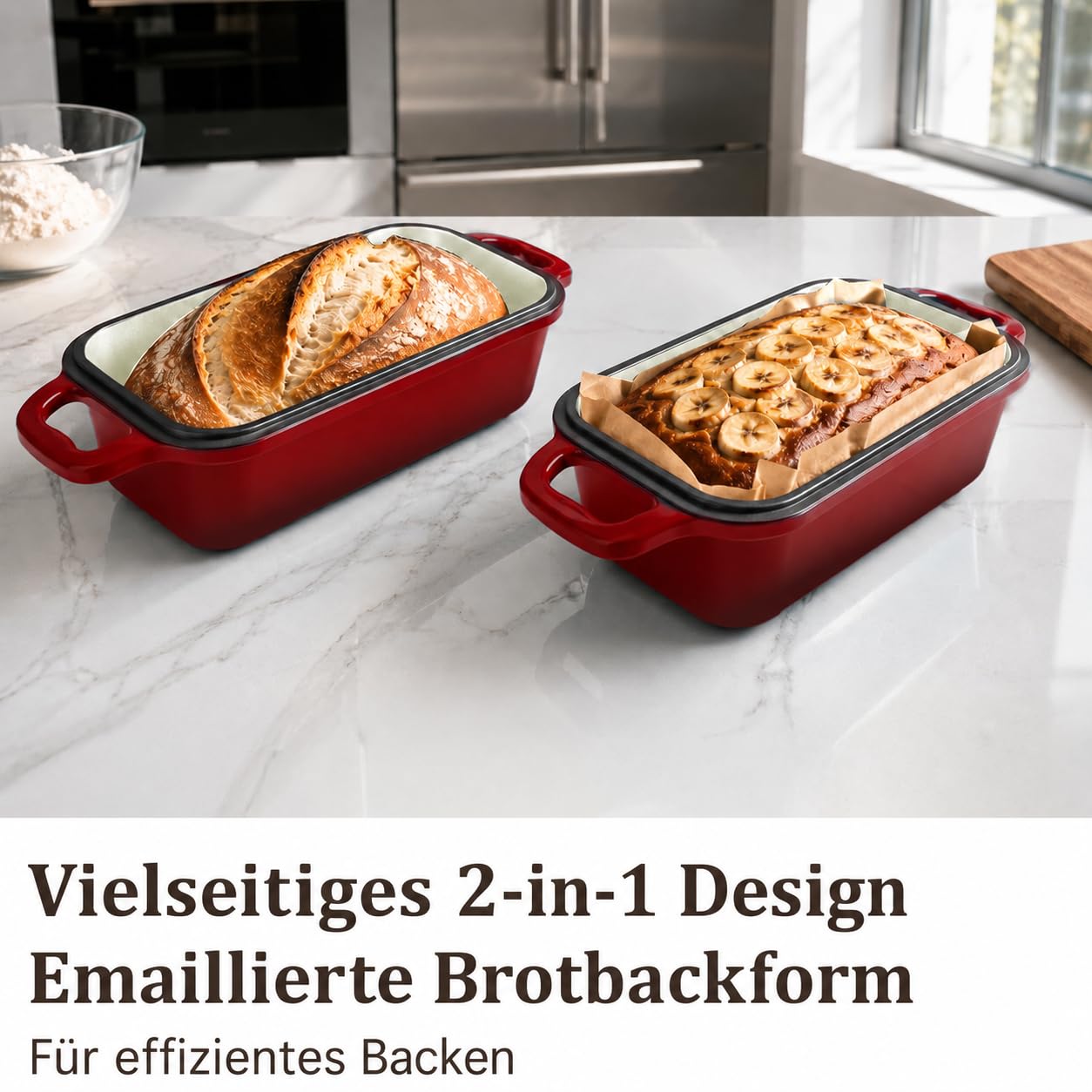 Gusseisen Brotbackform mit Deckel 2 in 1 Emailliert Brotbacktopf Dutch-Oven | 2 L Rechteckige Gusseisen Topf mit Silikon-Griffüberzügen für die Küche zum Backen zu Hause Kasten Sauerteig, Rot, 21 x 11cm