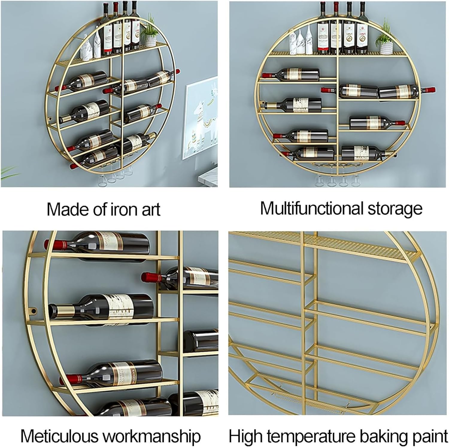 Hanging Industrial Round Wine Rack,Glod,Wall Mounted Wine Rack,Bar Unit Floating Shelves with Glass Holder,for Dining Room Home Bar Kitchen(Size:60 * 11cm)
