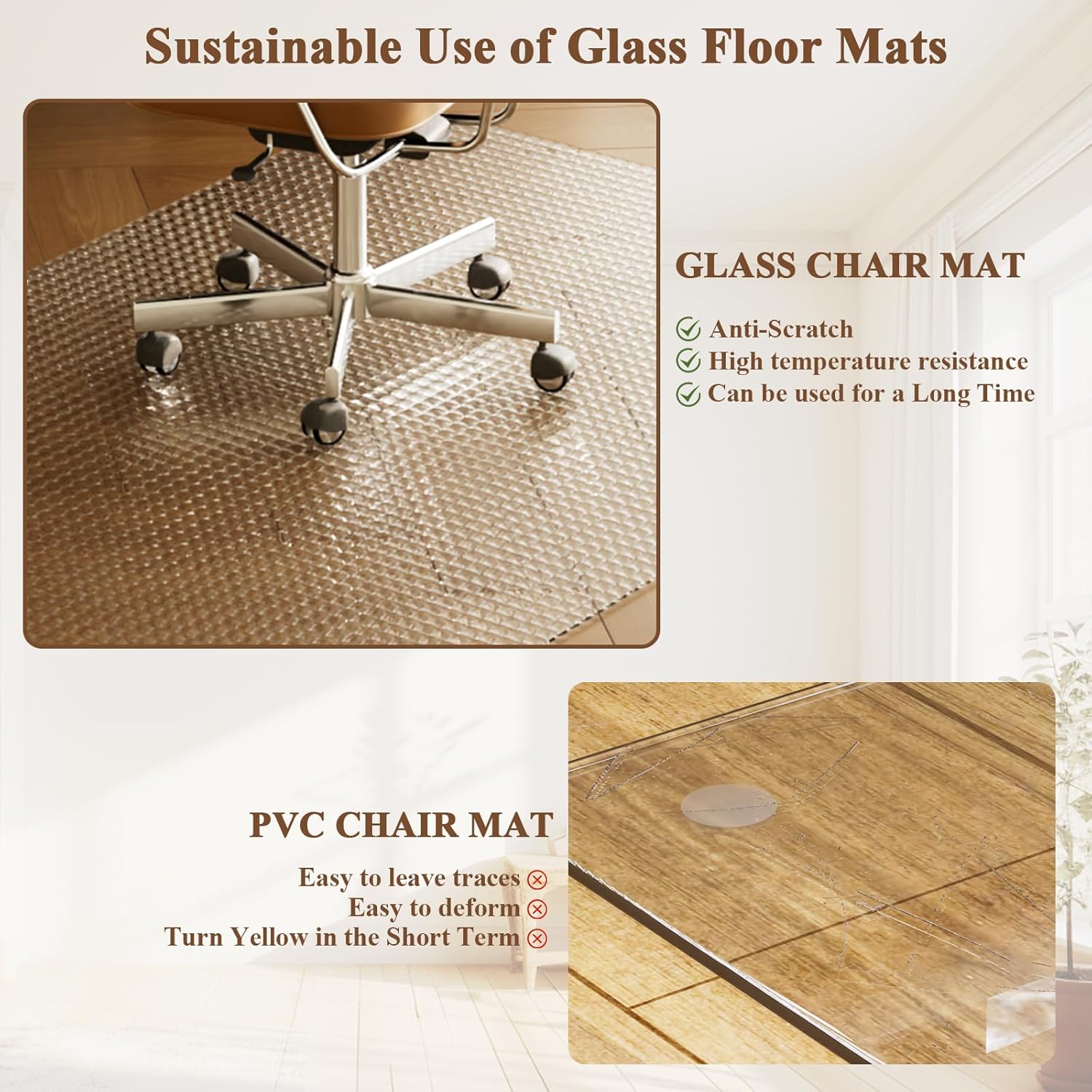 VETROUVE 46" x 36" Glass Chair Mat for Carpet, Printed Pattern Heavy Duty Hard Tempered Glass Desk Office Mat on Hard Floor with 4 Anti-Slip Pads, 1/5" Thick, Smooth Rolling, Scratch Resistant
