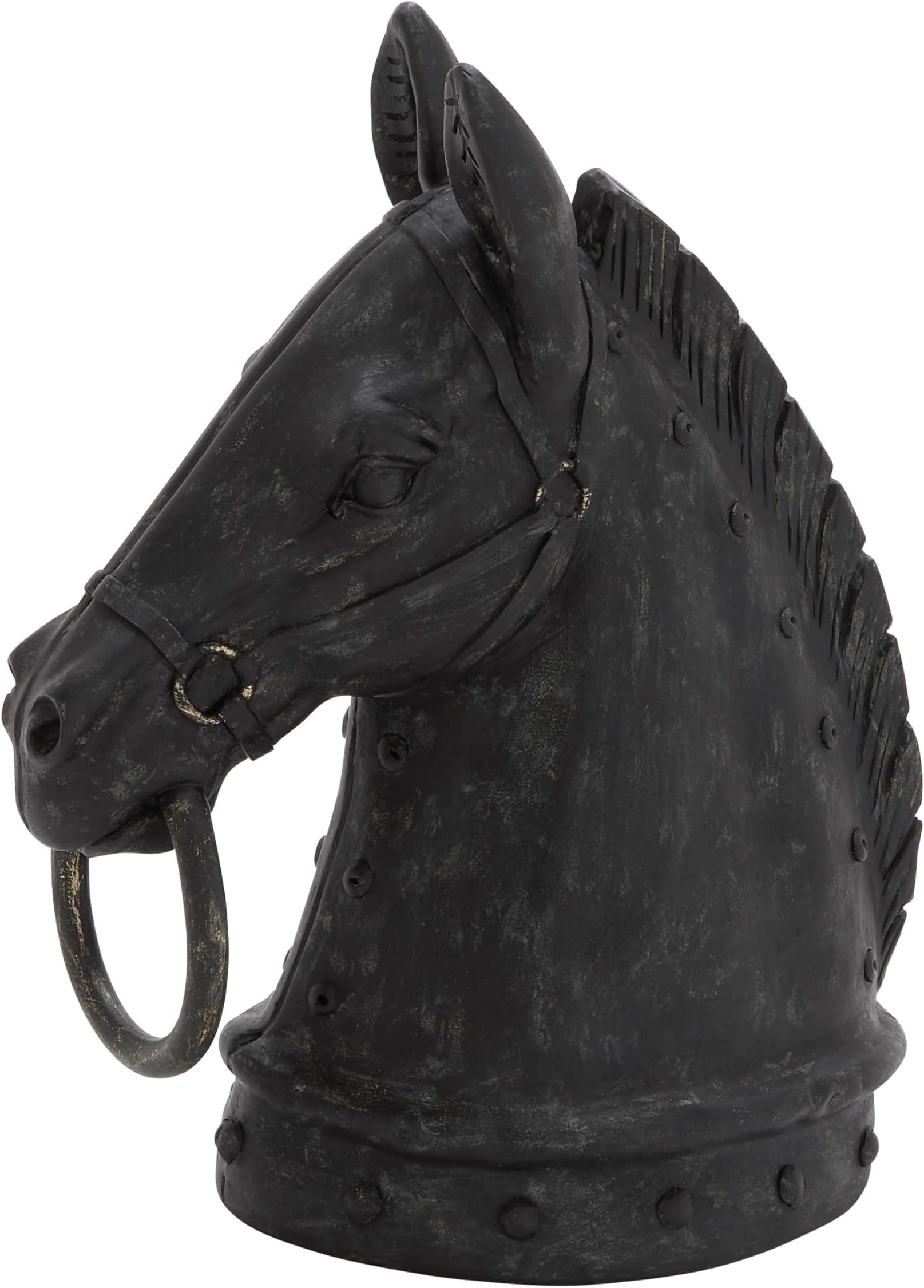 Deco 79 Polystone Horse Decorative Sculpture Antique Style Head Home Decor Statue with Hitching Post and Gold Accents, Accent Figurine 9" x 6" x 12", Black