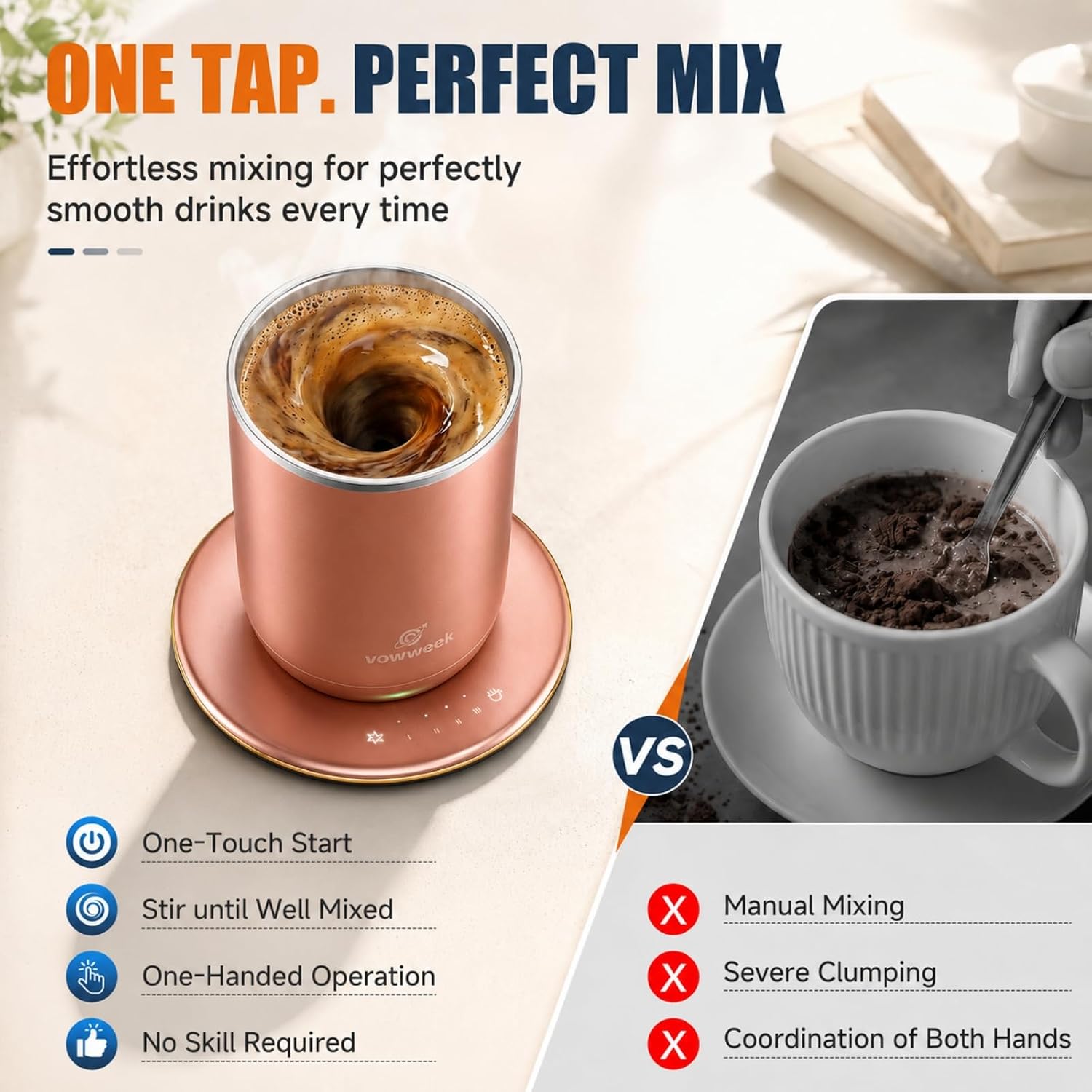 Self Heated Stirring Mugs Set of 2, 10oz Cups with Warmer, Black & Rose image 2