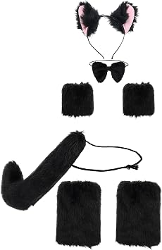 Soul Young Faux Fur Cat Ears Furry Wolf Fox Long Tail Costume Halloween Party Animal Cosplay Set 5PCS Black