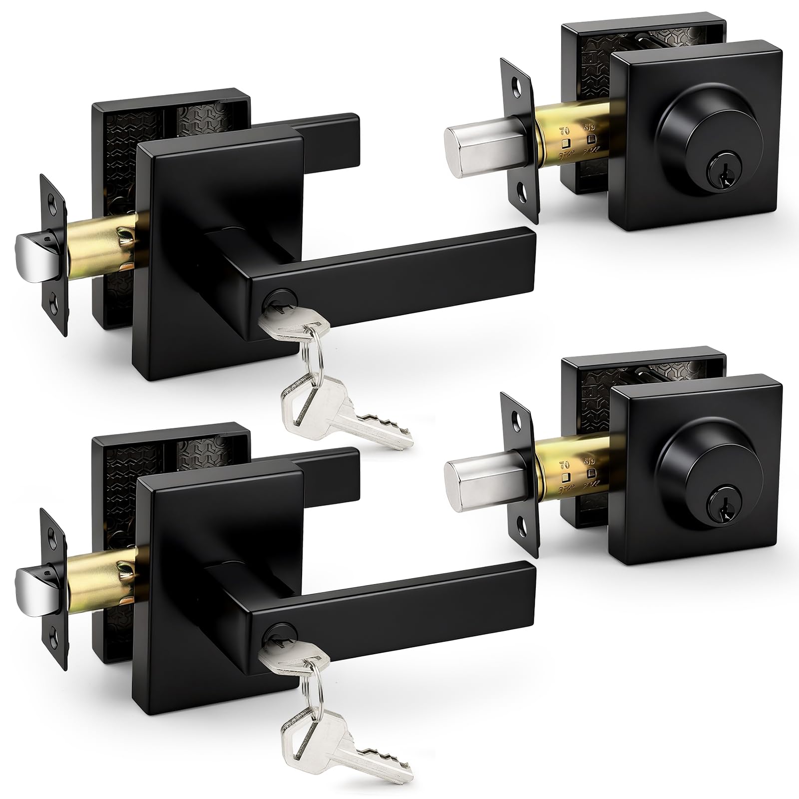Probrico Square Interior/Exterior Door Lock Set 2 Pack Same Key Matte Black