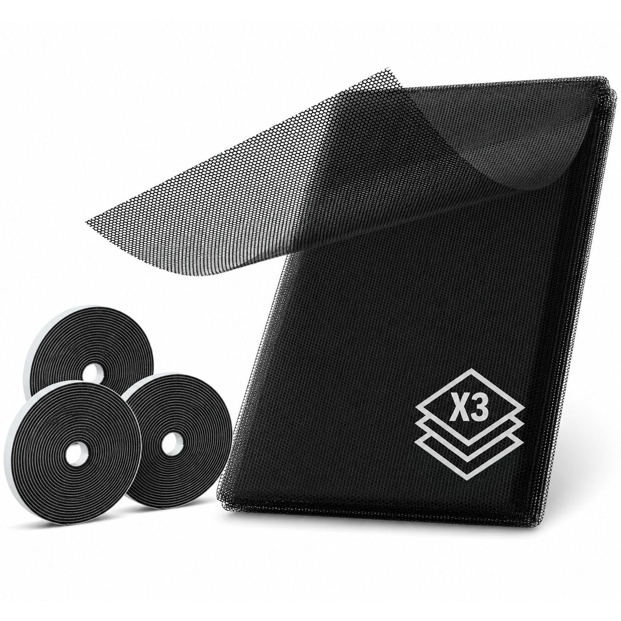 Zybux Black - Window Screen Mosquito Netting, 3 Pack Fly Screen Window Diy Self-Adhesive Insect Mesh Curtain Bug Bee Protector 130 X 150Cm With 3 Rolls Hook 1Cm Sticky Tape