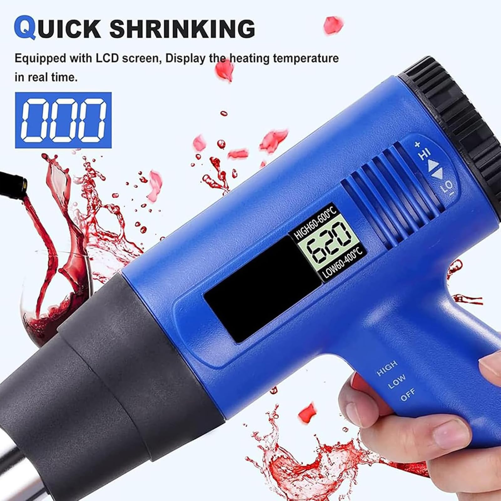 Pistolet termokurczliwy, ręczna maszyna do uszczelniania kapsułek PVC 1800 W z wyświetlaczem LCD, regulacja temperatury 60-600℃ do owijania wina