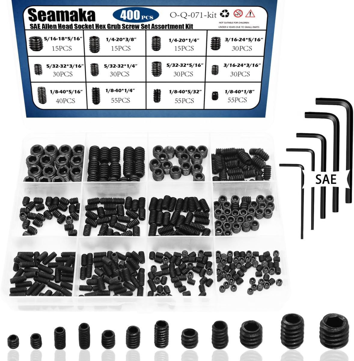 400Pcs 1/8-40 to 5/16-18 Internal Hex Allen Head Socket Set Screw (Black),12 Size 12.9 Class Alloy Steel Grub Screw Assortment Kit with 5 Hex Wrenches for for Door Handles, Light Fixture