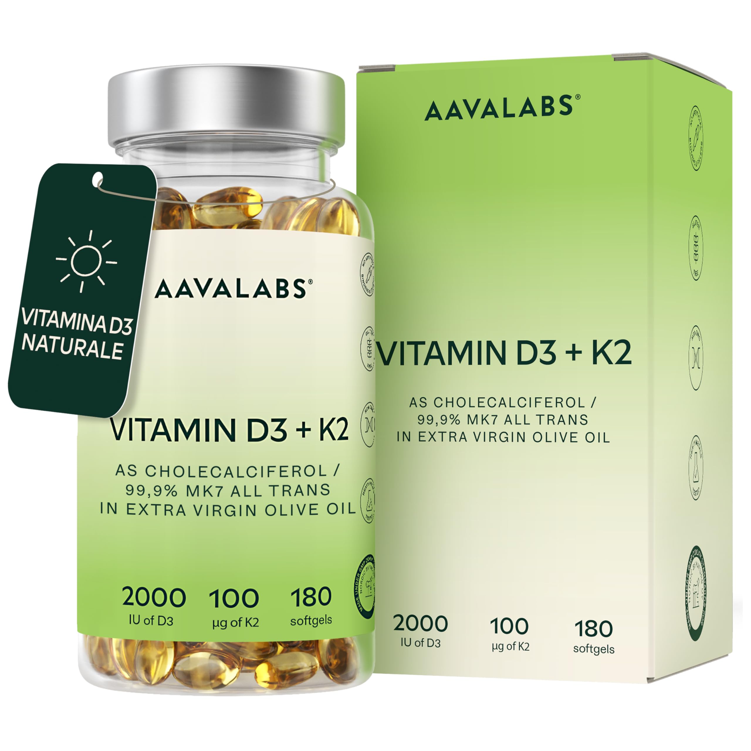 Vitamina D3 K2 Alto Assorbimento Olio Extravergine d'Oliva - Vitamina D3 2000 UI + Vitamina K2 MK7 100 μg - Vitamina D 2000 UI e Vitamina K - 180 Capsule