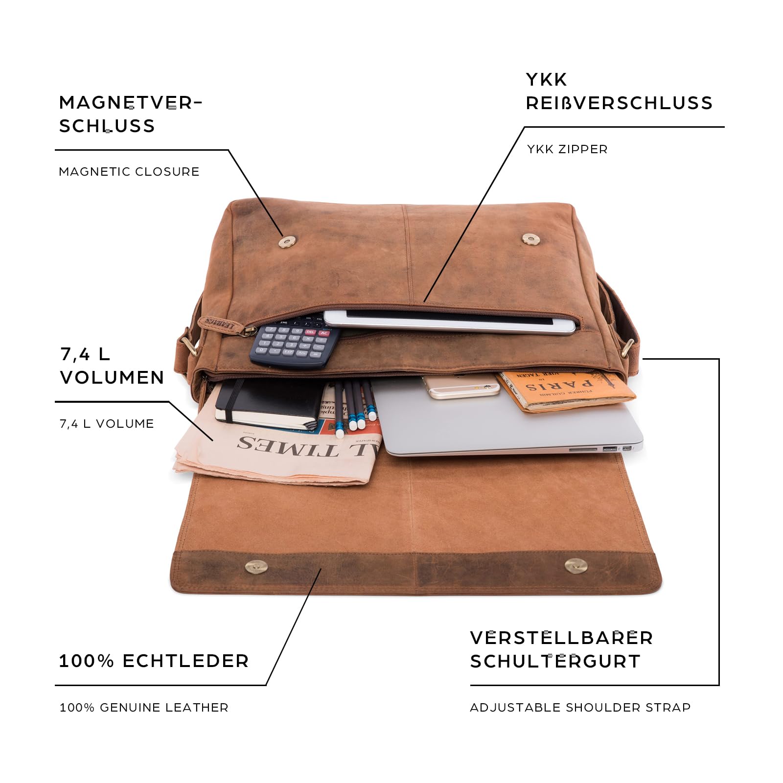 LEABAGS Oxford Laptoptasche Leder Herren Damen 15 Zoll – Messenger Bag Echtleder – Arbeitstasche Umhängetasche 38x31x10 cm