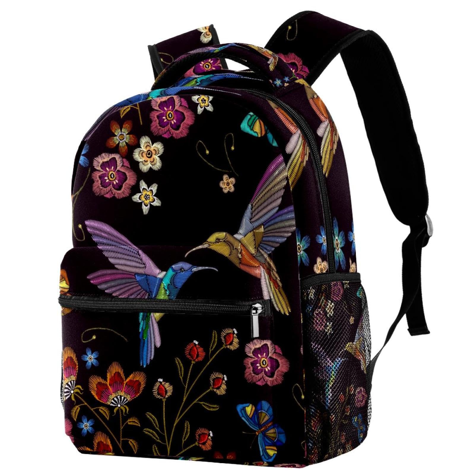 VAPOKF Backpack Rucksack School Bag Travel Casual Daypack for Women Teen Girls Boys, Embroidery Humming Bird and Tropical Flowers