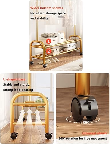 Miniatura 8 de Single Rod Clothes Hanging Rails Portable Movable Garment Rack Heavy Duty Metal Coat Trolley with Lower Storage Shelves and 4 Wheels for Bedroom