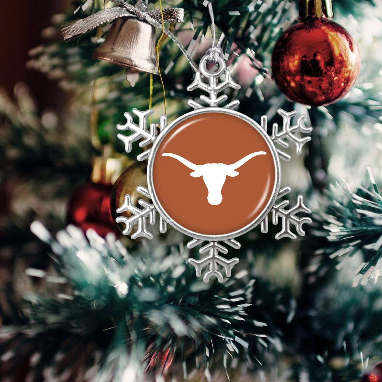 Texas Longhorns Snowflake with Team Logo Silver Metal Christmas Ornament Gift Tree Decoration UT
