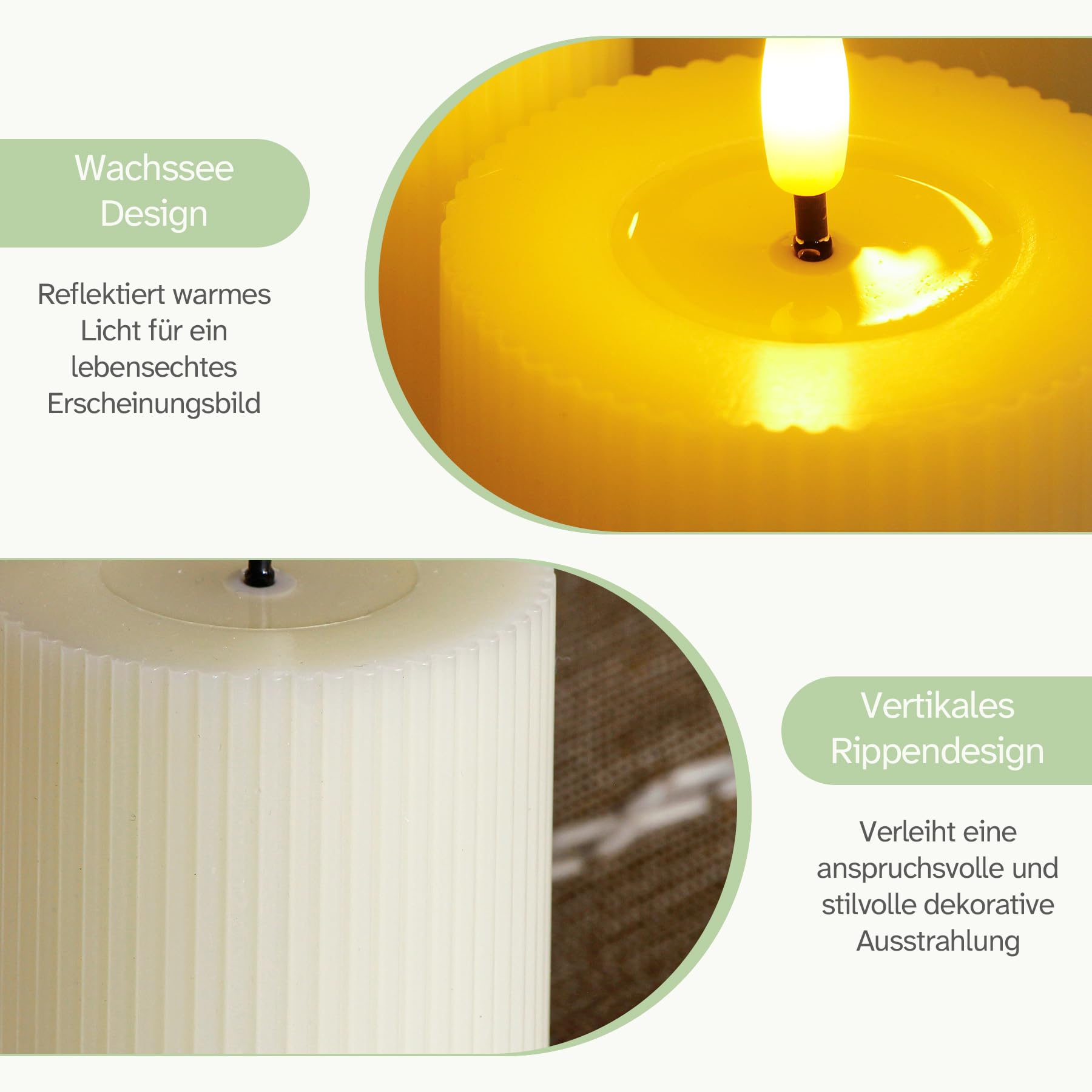 Candele LED senza fiamma con olio di cera, righe verticali, a batteria, effetto tremolante, confezione da 3 candele colonne avorio con telecomando e temporizzazione (7,5cm ×10/12,5/15cm)