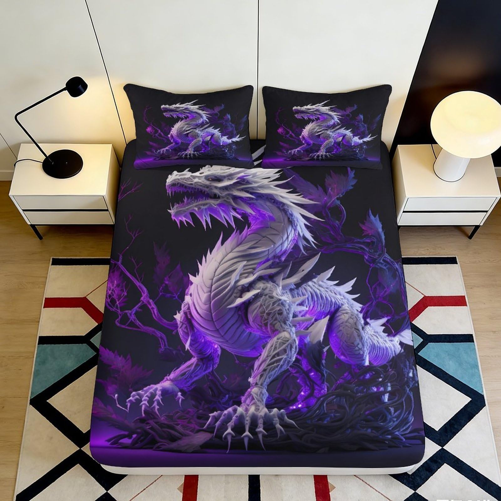 3D Printed Purple Dragon Fitted Sheet Microfiber Soft Breathable 3D Fantasy Bed Cover for Bedroom Dormitory Guest Room Mattress Protection Decor 120x200x25cm