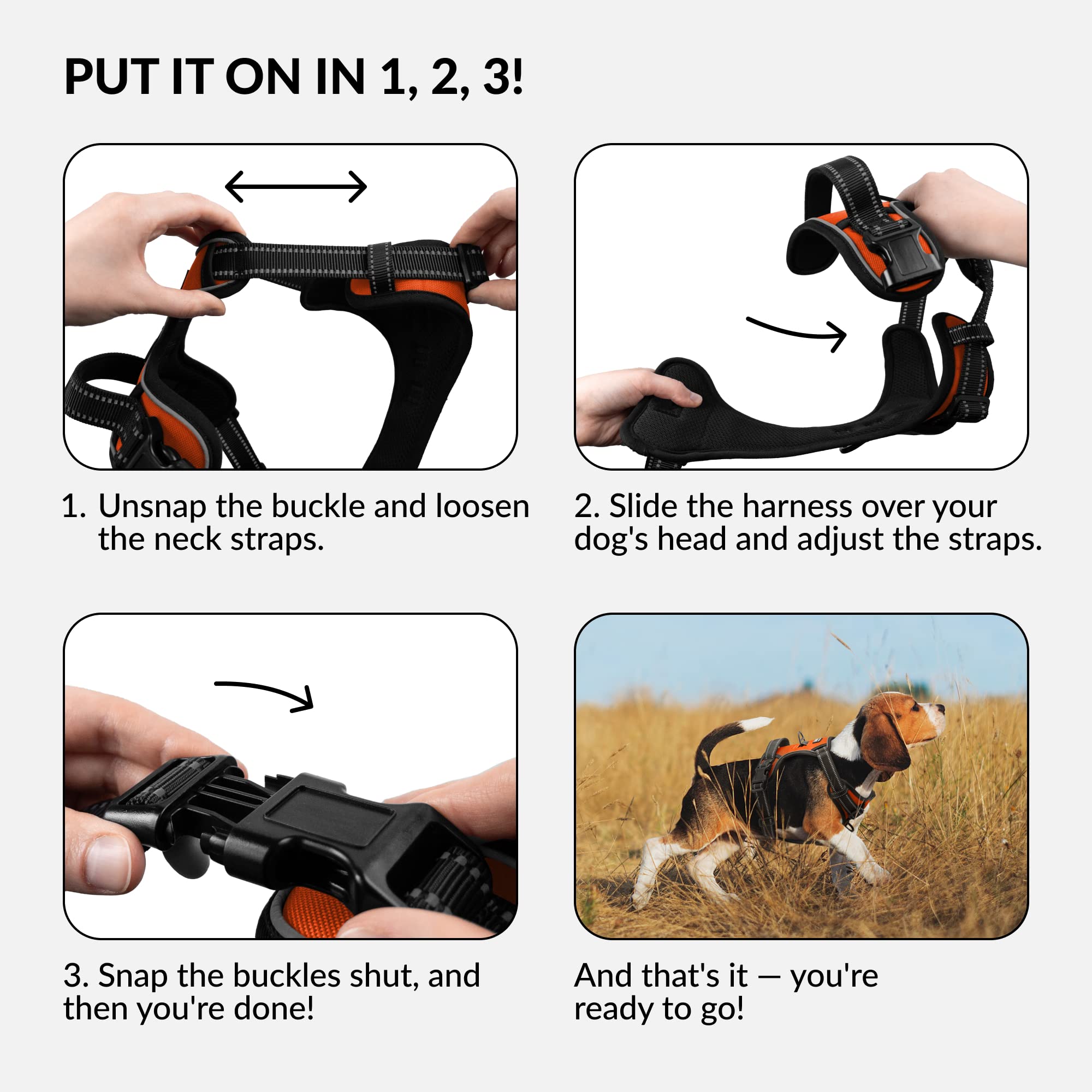 CollarDirect No Pull Reflective Dog Harness with Handle and Front Clip, Adjustible Soft Padded Vest for Small to Large Dogs Training and Walk (Size L, Orange) - image 4