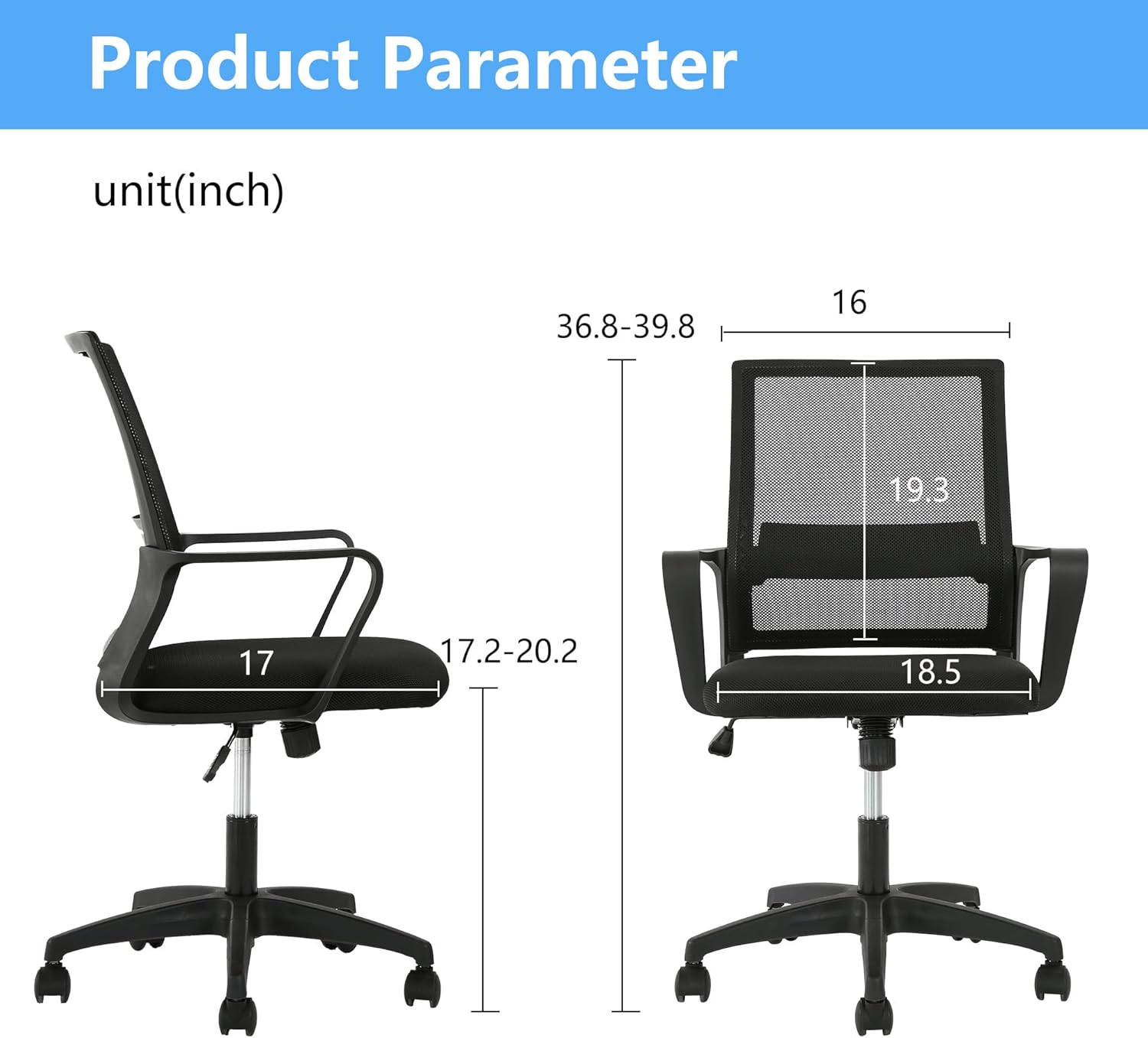 Close-up of chair's five-star base and rotatable wheels