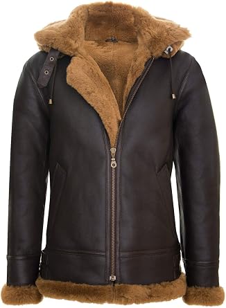 Mens Genuine Leather Sheepskin Flying Hooded Bomber B3 Aviator Pilot Jacket