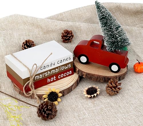 Miniatura 3 de Decoraciones de Navidad para interiores, apilamiento de libros de madera y camión rojo con árbol iluminado por LED para mesa de café, bandeja