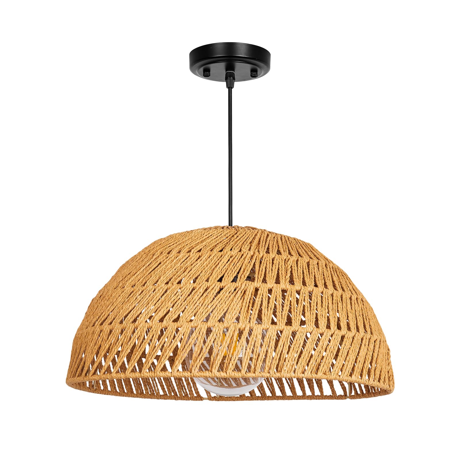 Bohemian Rattan Rope Pendant Light - Modern Coastal Beach Hand-Woven Ceiling Chandelier, 18-Inch Woven Dome Hanging Light with Adjustable Cord for Kitchen, Bedroom, Living Room, Farmhouse Island