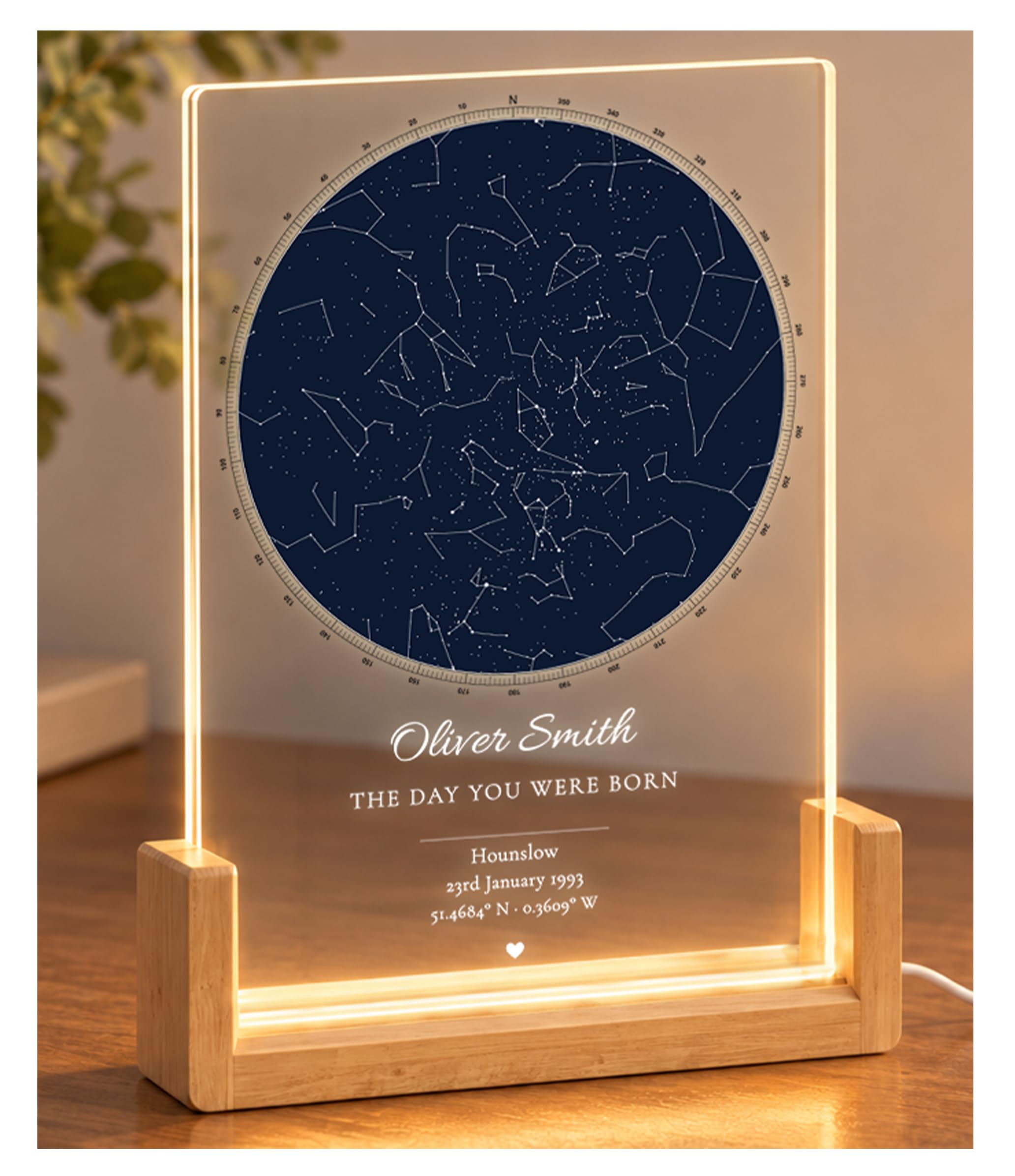 Crafted Memories Personalized Stars Map Plaque LED Night Light – Custom Constellation Chart with GPS Coordinates & Names – Acrylic Wooden Base Sign – Present for Birthday, Wedding Anniversary, Couple — image 1