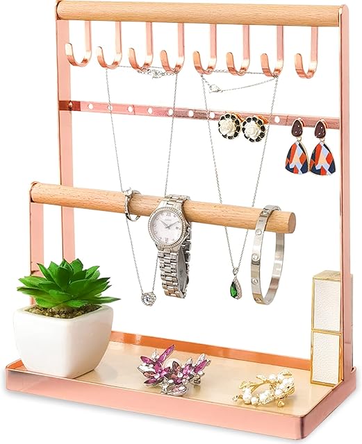 Echehi Rose Gold Jewellery Organiser 4-Tier Jewellery Stand Tree, with Necklace Stand, Earring Holder, Wooden Ring Tray & Hooks Storage, Home Decor Gift For Girls & Women