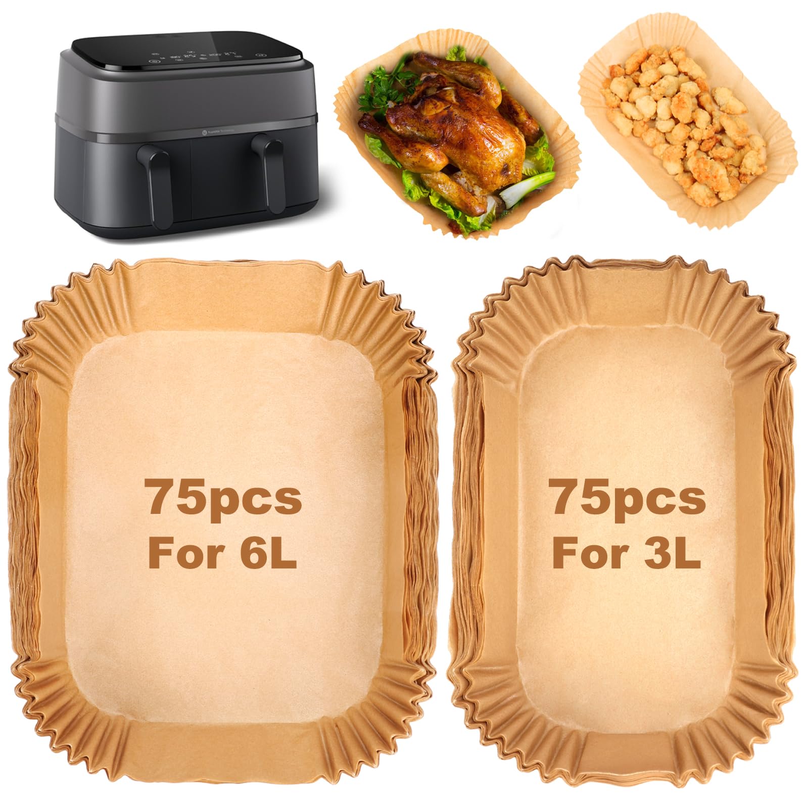 BYKITCHEN Air Fryer Liners for Philips Dual Air Fryer 3L & 6L, Tefal 5.2L & 3.1L, Cookwise 3L & 6L, Lakeland/Salter Dual Air Fryer (150PCS) — image 1