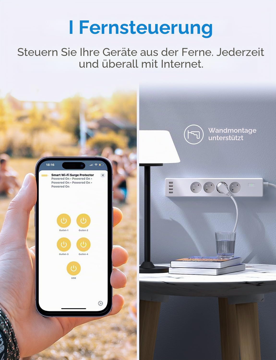 Intelligente Steckdosenleiste (Typ E), 16 A, WLAN-Steckdose, kompatibel mit Apple HomeKit, Alexa und Google Home (4 AC-Steckdosen und 4 USB-Ports), intelligente Steckdosenleiste mit Sprachsteuerung