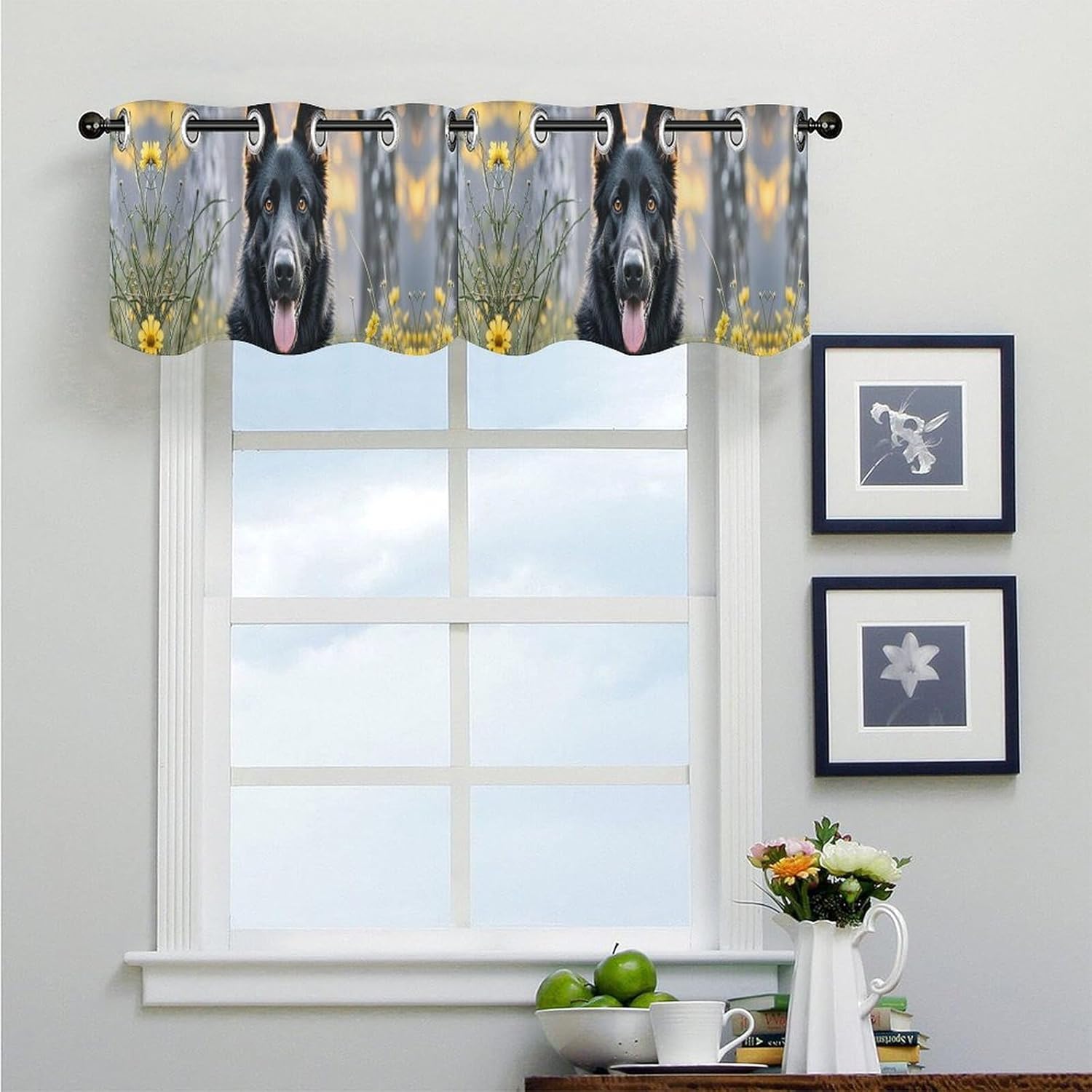 Black German Shepherd Dog Valance for Windows, 2 Pack Kitchen Curtains Modern Home Decor, Soft Blackout Window Curtains for Living Room & Bedroom, 18 X 52 Inch
