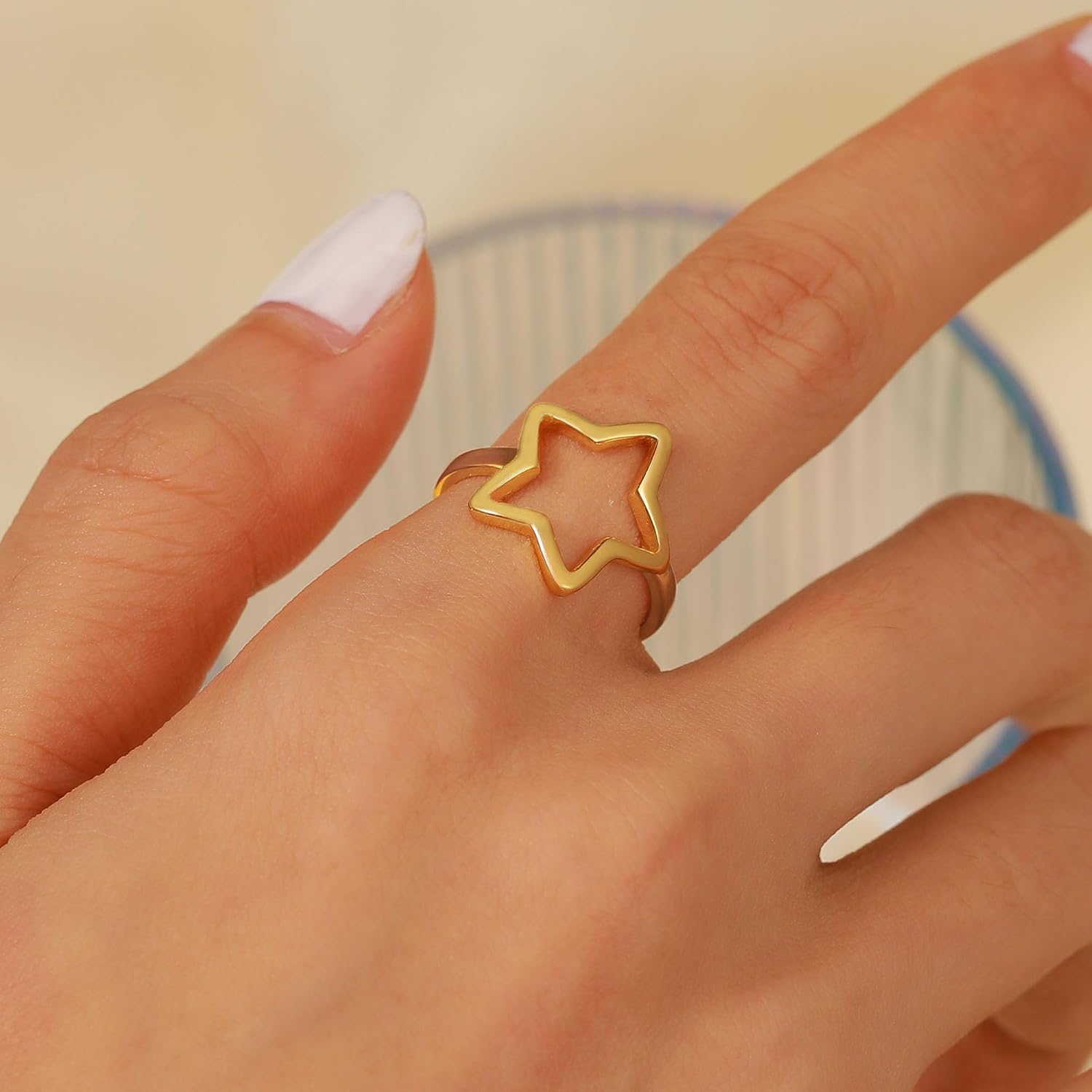 Hollow Star Open Ring for Women 925 Sterling Silver Punk Aesthetic Ring for Men Band Adjustable Stackable Knuckle Ring 14k Gold Plated Vintage Minimalist Friendship Promise Ring Graduation Wedding Jewelry Gifts