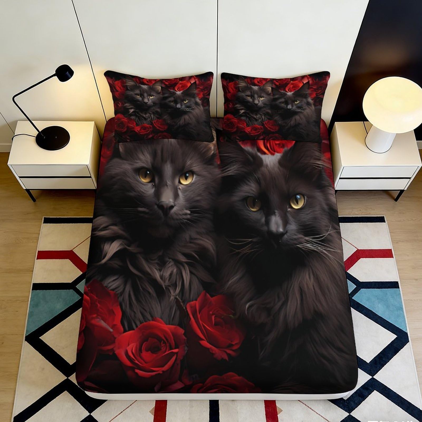 Uynsixtme Style-2 3D Printed Rose Black Cat Fitted Sheet Microfiber Deep Pocket Non-Slip Bedroom Rose Black Cat Mattress Fitted Cover 90X200x25cm
