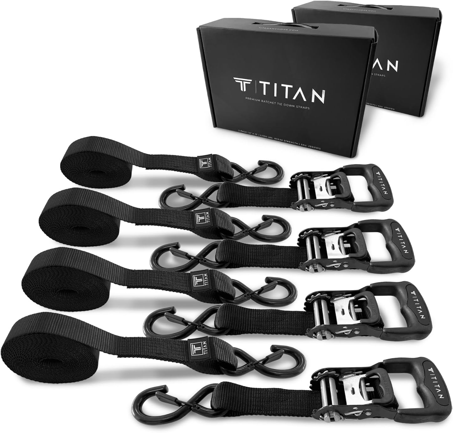 Heavy Duty 1.5" x 15' Ratchet Tie Down Straps with S-Hooks & Safety Clips | 5,000 Lbs Break Strength | 4-Pack