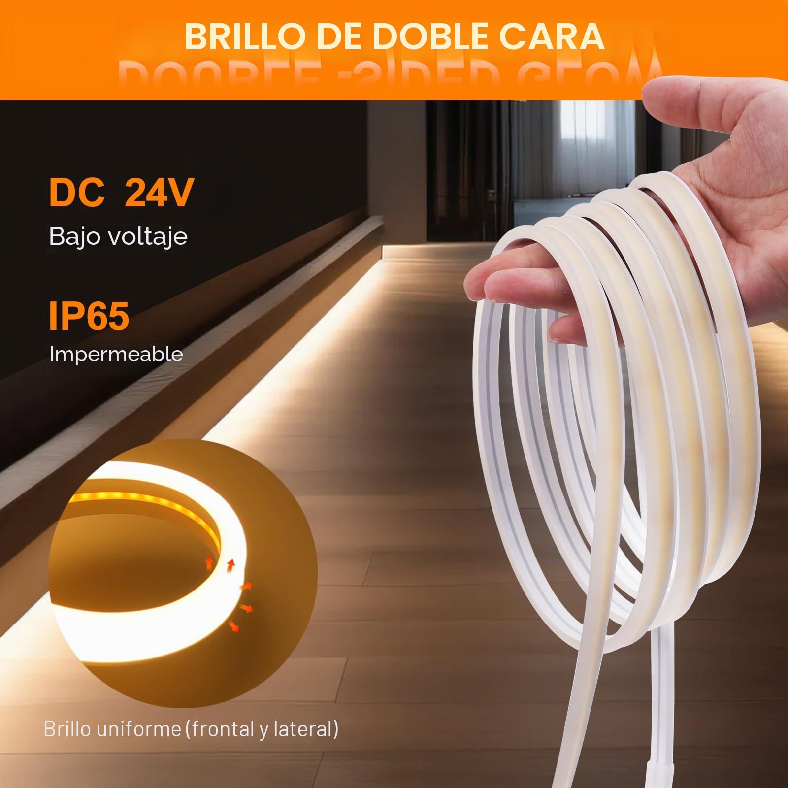 24V Tira LED de neón COB[10M,Blanco 6000-6500K],flexible e impermeable IP67,8 modos,alimentación por USB/energía solar,320LEDs/m,1200mAh Tiras LED,iluminación decorativa para el hogar