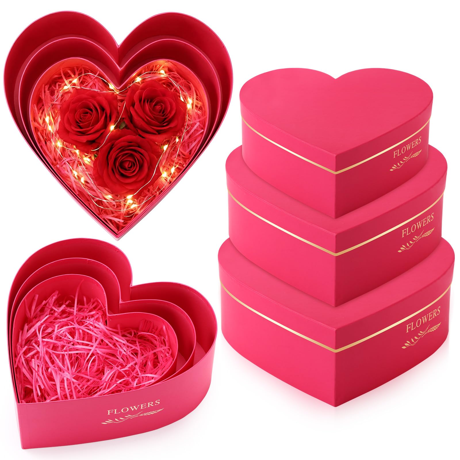 Glenmal Herzförmige Geschenkboxen mit Deckel, 100 g, geschreddertes Papier, stapelbar, Herz-Blumenkästen für Valentinstag, Hochzeit, Geburtstag, Babyparty, Geschenkverpackung, Rosenrot, 3 Stück