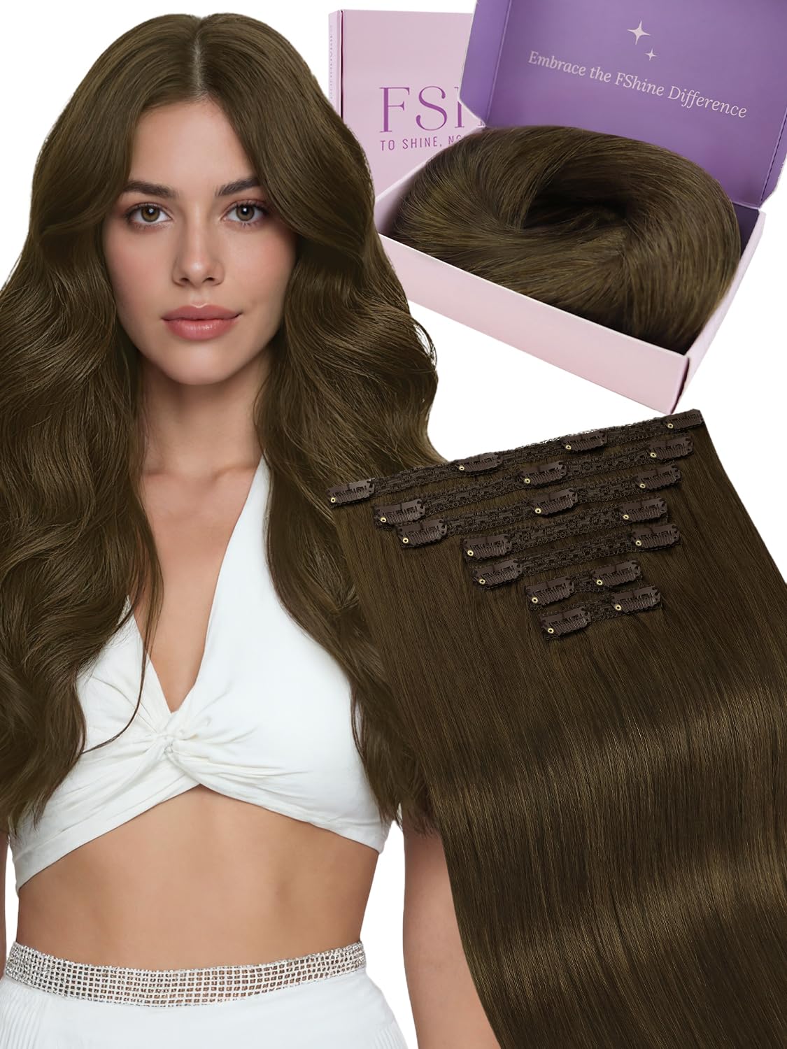 Fshine Extension Capelli Veri Clip 45 cm Extension Clip Capelli Veri Lisci Umani 120 g 7 pcs Marrone Cioccolato Estensione con Clips Remy Naturali Invisibile Matrimonio Colore 4