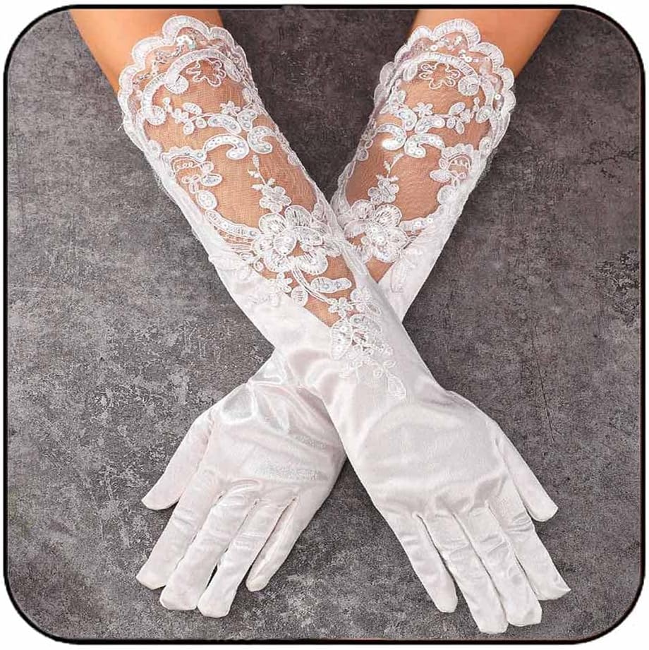 Long Finger Satin Bride Wedding Gloves White Lace Elbow Length Bridal Gloves Prom Accessories for Women