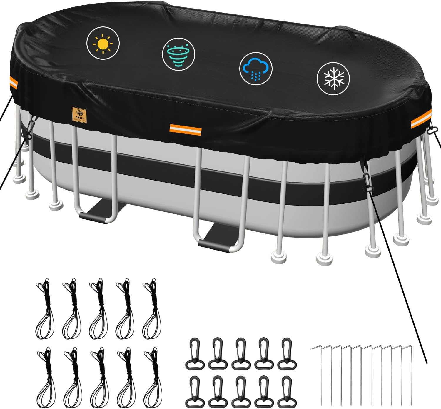 8x15 ft Rectangle Pool Cover for Above Ground Pools,Oval Winter Pool Covers,Durable Tearproof Waterproof 420D Polyester,Weatherproof Solar Swimming Pool Cover,Cold and UV-Resistant, Reflective Strip