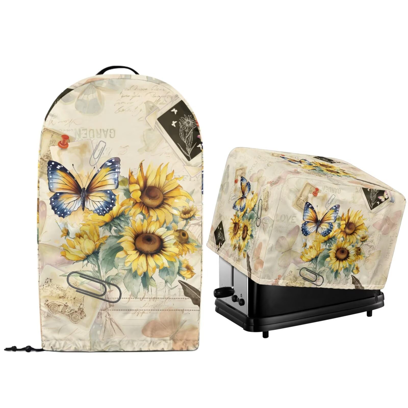 Sunflower Butterfly Retro 2 Pcs Kitchen Appliance Dust-proof Protector Covers for Toaster Maker Oven and Countertop Stand Mixer Blender Dust Cover with Drawstring Hem