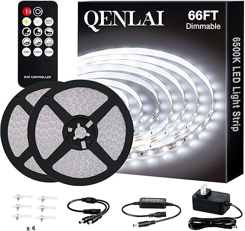 Tira de luces LED blancas de 66 pies, luces de cinta regulables de 6500 K mejoradas con control remoto y enchufe, tiras de luz LED flexibles de 12 V