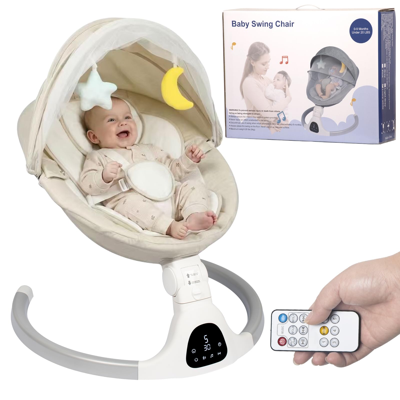 JFOVMCYG Columpio eléctrico para recién nacido con control remoto, 5 velocidades de balanceo, temporizador 8/15/30 min, arnés de 5 puntos, asiento lavable, estructura estable – Blanco Marfil