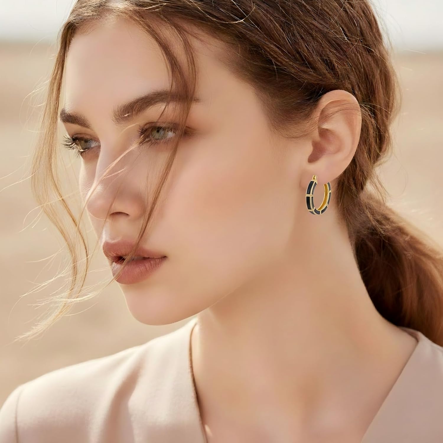 Gold Plated Hoop Earrings for Women 14K Gold Black and Gold Earrings Women's Hoops Earring Trendy Hypoallergenic Earrings for Womens 25mm