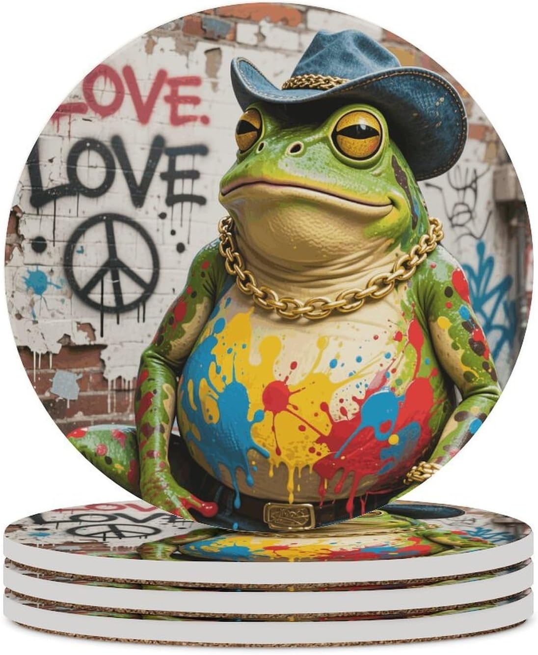 6PCS Western Cowboy Frog Coasters Non-Slip Round Drink Coasters with Ceramic Stone and Cork Base, Heat Resistant Absorbent 33.00Stone Coaster Set for Kinds of Mugs and Cups, 4 Inch